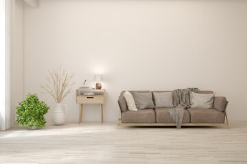 Obraz na płótnie Canvas White modern interior design with sofa. Scandinavian interior design. 3D illustration