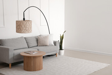 Interior of modern living room with cozy grey sofa, coffee table and lamp