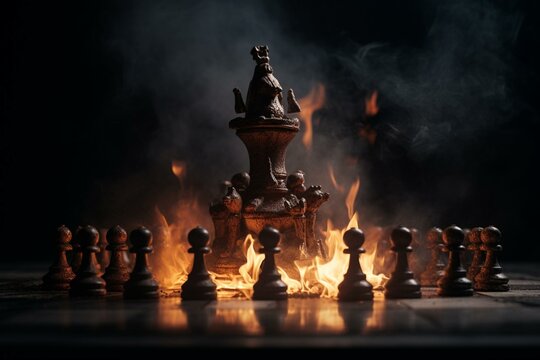 A triumphant chess piece surrounded by burning pawns in digital art. Generative AI