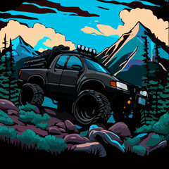 Picture of an SUV in the mountains against the background of the forest and the sky. For your logo design.