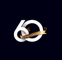 60 years anniversary vector number icon, birthday logo label, black and white with gold ribbon