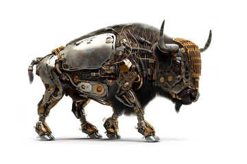 Image of a bison cow modified into a robot on a white background. Wild animal. illustration, generative AI