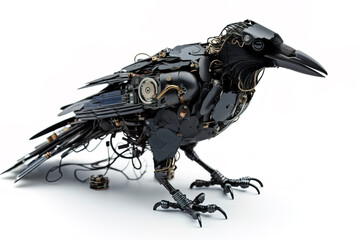 Image of a crow modified into a robot on a white background. Wild animal. illustration. generative AI.