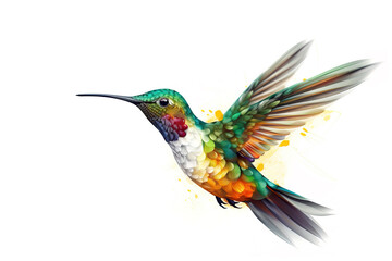Fototapeta premium image of brightly colored hummingbirds in flight on white background. Wildlife. Birds. illustration, generative AI.