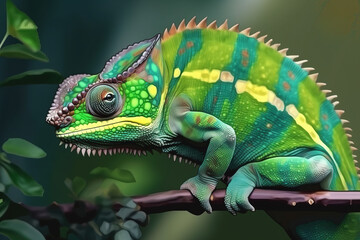 Image of side view of a green chameleon on a branch on natural background. Wild Animals. reptile, illustration. Generative AI.