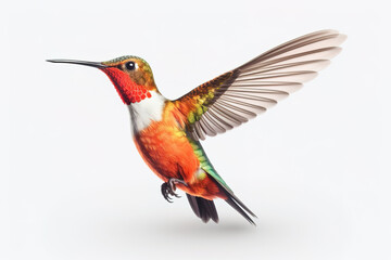 Fototapeta premium image of brightly colored hummingbirds in flight on white background. Wildlife. Birds. illustration, generative AI.