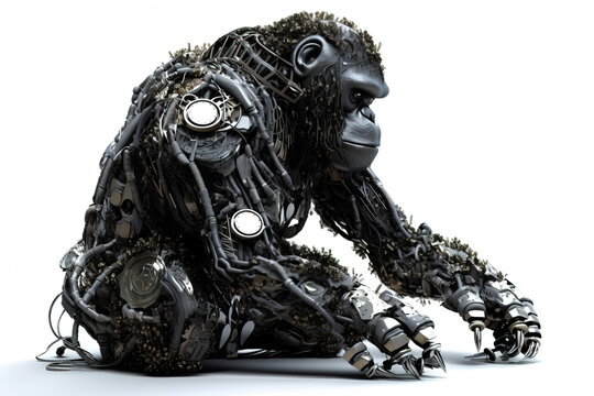 Image of a gorilla modified into a robot on a white background. Wild animal. illustration, generative AI.