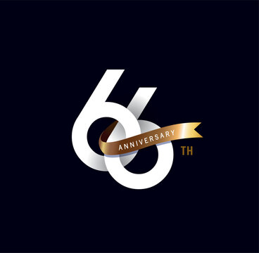 66 years anniversary vector number icon, birthday logo label, black and white with gold ribbon