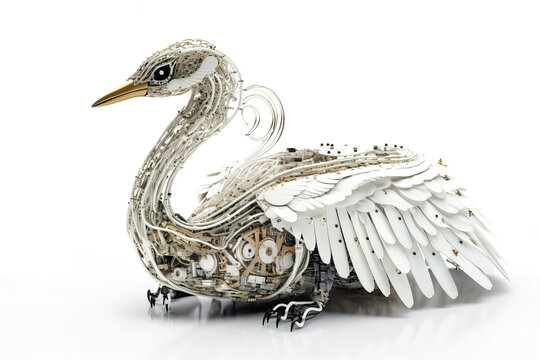 Image of a swan modified into a robot on a white background. Wild Animals. illustration, generative AI.