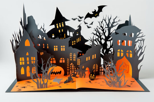 Paper Cut Out of Spooky Neighborhood. Halloween Pop Up Card. Generative AI