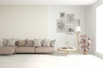 White modern interior design with sofa. Scandinavian interior design. 3D illustration