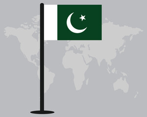 Pakistan flag with world map silhouette in background vector design.