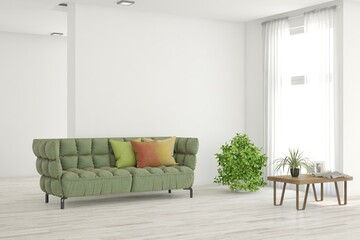 White living room with sofa. Scandinavian interior design. 3D illustration