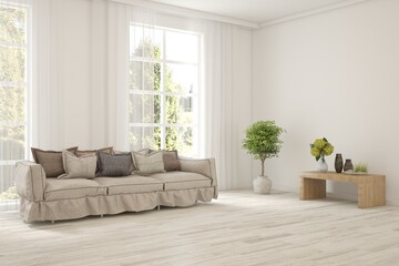 Bright interior design with modern furniture and summer landscape in window. 3D illustration