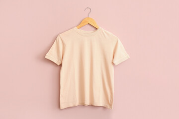 Stylish t-shirt hanging on pink wall