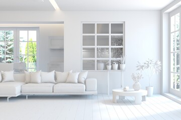 Grey living room concept with sofa and summer landscape in window. Scandinavian interior design. 3D illustration