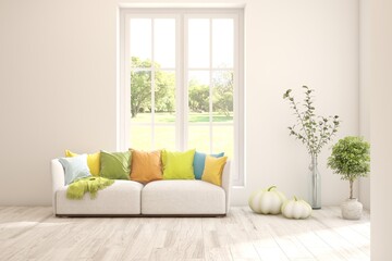 Bright interior design with modern furniture and summer landscape in window. 3D illustration