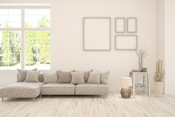 Bright interior design with modern furniture and summer landscape in window. 3D illustration