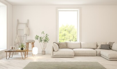 Bright interior design with modern furniture and summer landscape in window. 3D illustration