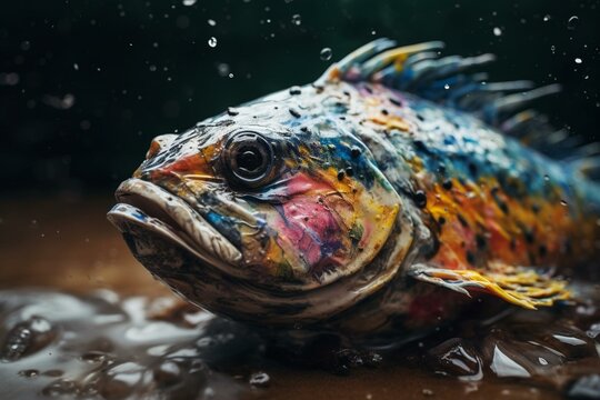 Fish painted in watercolour escaping plastic pollution and moving to a clean ocean. Generative AI