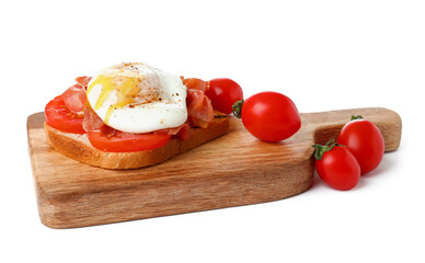 Wooden board with tasty eggs Benedict isolated on white background