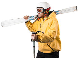 Man wearing mask and holding ski equipment in hand