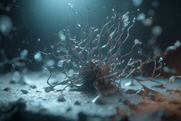 Naklejka na ściany i meble 3D illustration of COVID-19 affecting neurons and causing neuropsychiatric issues. Generative AI