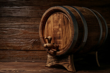 Oak barrel on wooden background