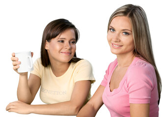 Young cute women drink coffee isolated on white background