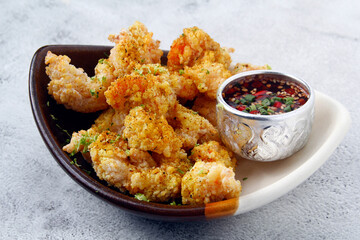 Freshly cooked Thai food spicy fried breaded shrimp