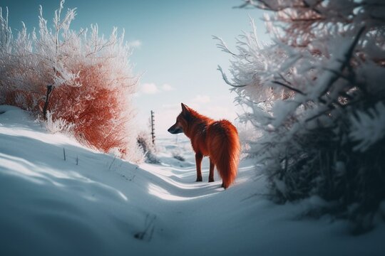 A red animal in a white landscape during winter. Generative AI