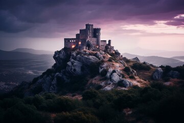 Fototapeta An enigmatic ancient fortress atop a hill bathed in a violet radiance. Generative AI obraz