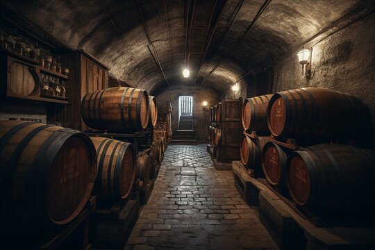 Wine casks in subterranean cellar. Generative AI