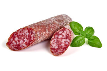 Italian salami with mold, isolated on white background.