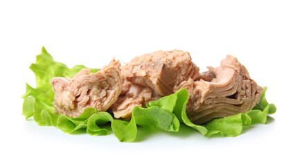 Delicious canned tuna with fresh lettuce isolated on white background