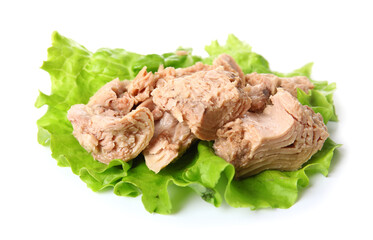 Delicious canned tuna with fresh lettuce isolated on white background