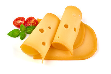 Gouda cheese slices, isolated on white background.