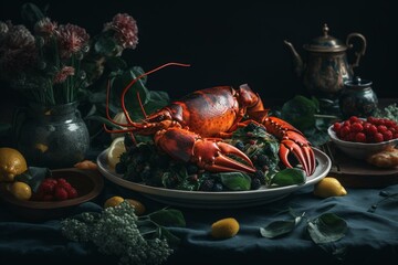 Delectable dish of lobster and greens. Generative AI