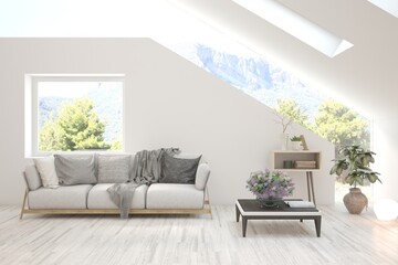 Modern interior concept with sofa and summer landscape in window. 3D illustration