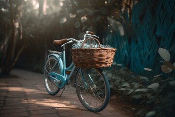 Fototapeta na wymiar Blue watercolor bike with a wicker basket. Generative AI