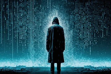 personne de dos avec un manteau et capuche, ambiance sombre et mystérieuse de matrice informatique avec lignes de code - obrazy, fototapety, plakaty