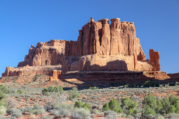 The massive pinnacles also known as the courthouse towers are found at the Arches National Park, Moab Utah