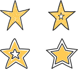 Four yellow hand drawn doodle stars