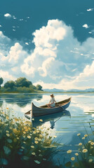 Naklejka na ściany i meble Minimalism of rowing a boat, blue sky, summer，white clouds, breeze, plants and flowers, bright background, generative ai