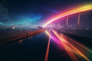 Fototapeta na wymiar Vibrant sci-fi highway under a rainbow sky at night. Futuristic digital artwork with colors. Generative AI