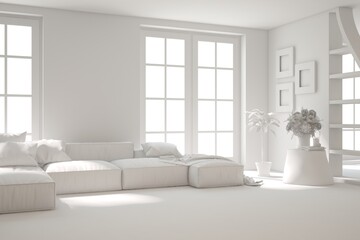 White living room concept with sofa. 3D illustration