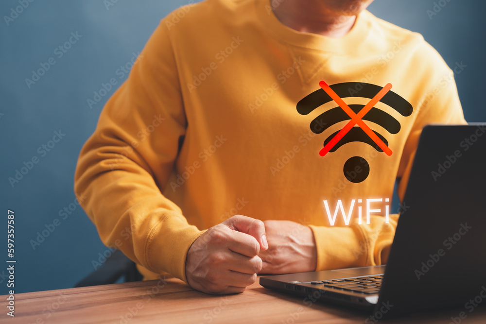 Poster User or man using a computer laptop to connect to wifi but wifi not connected, and waiting to loading digital business data form website, concept technology of waiting for connect to wifi.