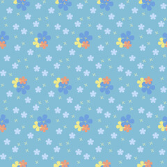 A pretty bouquet of colorful flowers on blue tone background, surrounded by cute little pastel blue flower. It is a seamless pattern that looks sweet, cute and beautiful.
