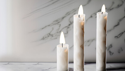Elegant Candle Collection on White Marble Background Premium Quality Candles for Your Home Decor,  Home Ambience,  luxury candles, gift ideas, relaxation, meditation,  Generative AI