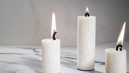 Fototapeta na wymiar Elegant Candle Collection on White Marble Background Premium Quality Candles for Your Home Decor, Home Ambience, luxury candles, gift ideas, relaxation, meditation, Generative AI